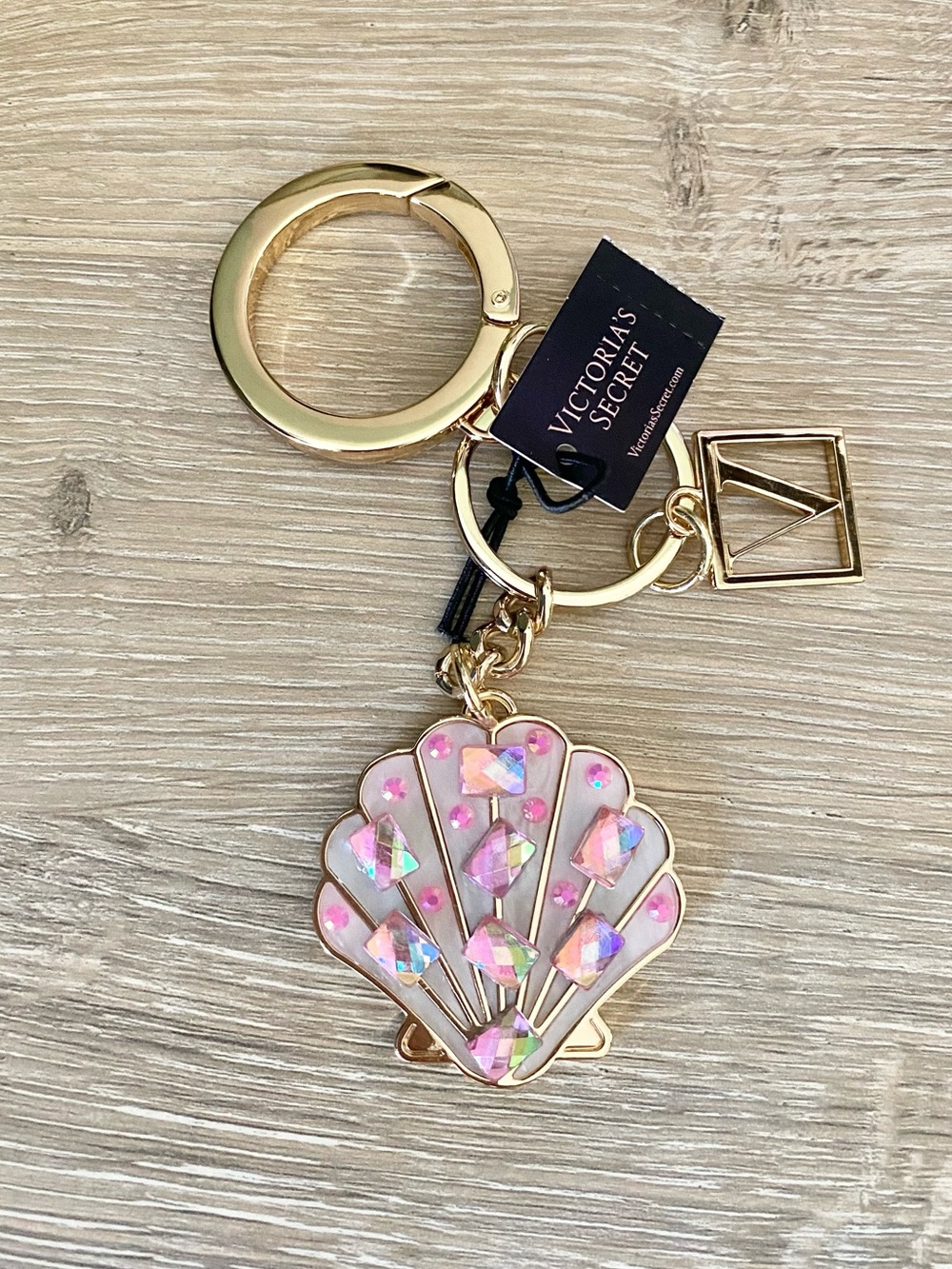 Victoria's Secret Gold-Tone Pink Iridescent Shell Keyring